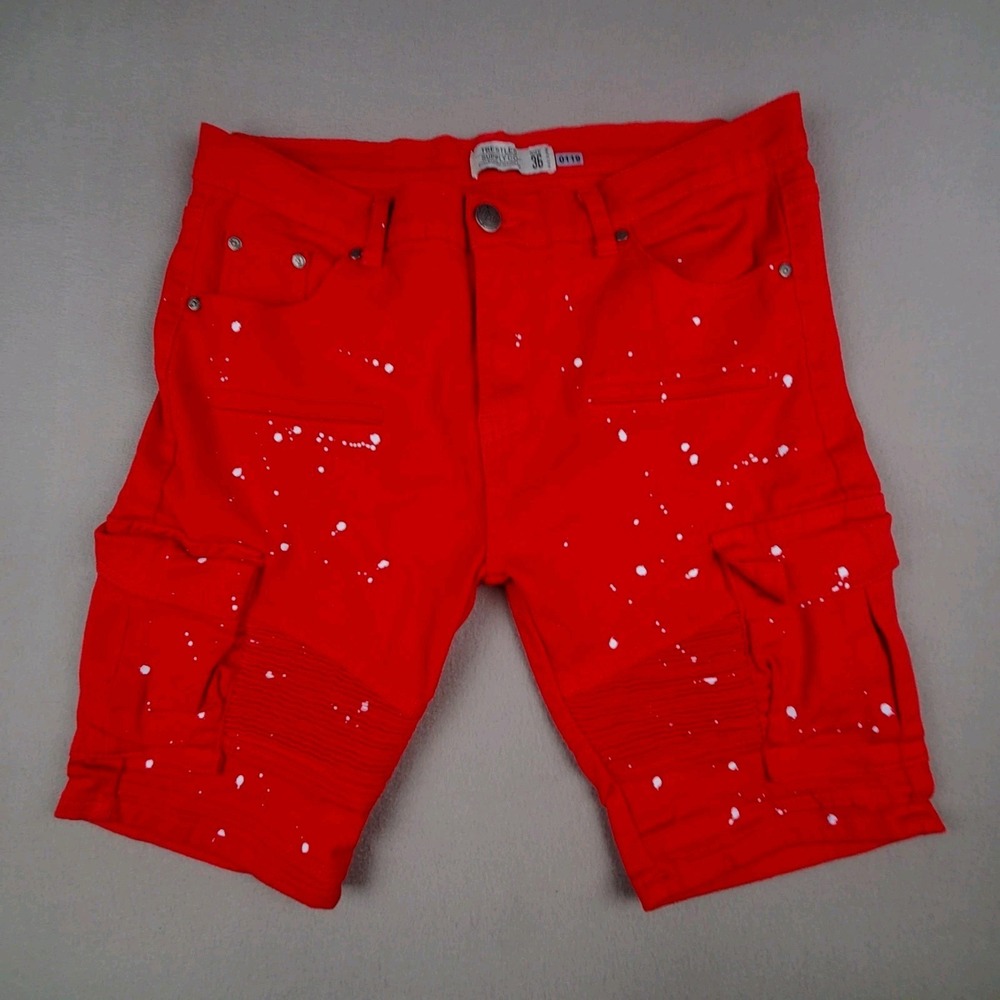 Trestles Men's Designer Paint Splatter 7 Pocket Red Denim Cargo Shorts Size 36
